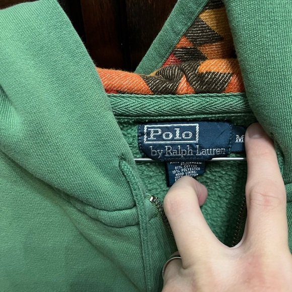 Green zip-up Polo hoodie. Has an Aztec-type design in the hood liner. Medium. - Picture 4 of 4